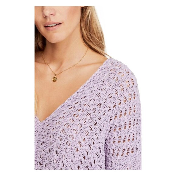 FREE PEOPLE Best Of You V-Neck Open Knit Sweater Lavender Purple - Picture 3 of 8